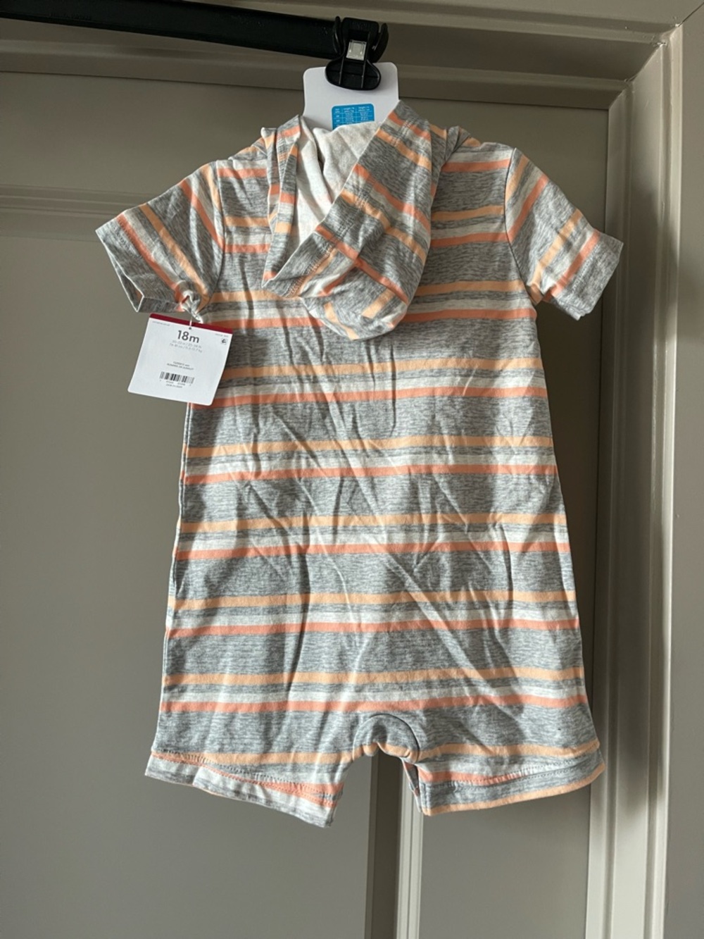 NWT Carter's Striped Hooded Baby Romper in Gray and Peach - Picture 3 of 3